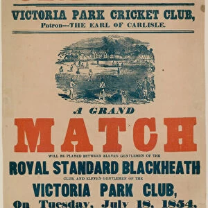 Poster advertising a cricket match at Victoria Park Cricket Club on 18 July 1854 (engraving)