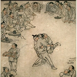 Scene of traditional wrestling, with spectators and a confectionery seller. Painting by Danwon (Kim Hongdo) (1745-1806), ink on paper, Coreen art, period Joseon (Choson) 18th century. National Museum of Korea, Seoul (South Korea)