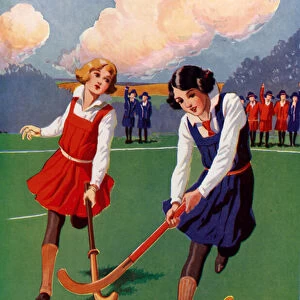 School girls playing hockey (colour litho)