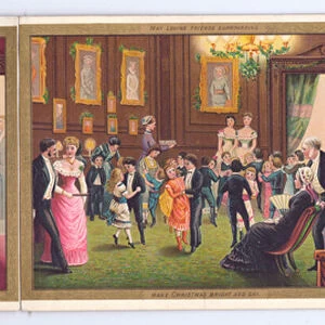 A threefold Victorian Christmas card of a Christmas party with the guests dancing