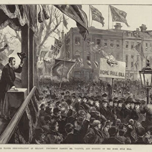 The Ulster Demonstration at Belfast, Procession passing Mr Balfour, and burning of the Home Rule Bill (engraving)