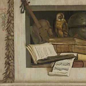 Still Life with Books, Sheet Music, Violin, Celestial Globe and an Owl, Jacob van Campen