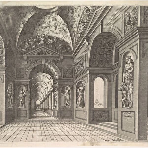 Perspective view of the interior of a hall, with cross-vault decorated with grot