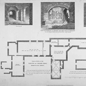 Plan and two views of the Crosby Hall vaults at no 36 Bishopsgate, City of London, 1816
