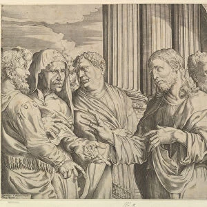 The Triubute Money: Christ at center right gesturing to man at his left with coins
