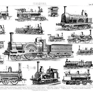 Various models of steam train engines, from different countries, engraving from 1900
