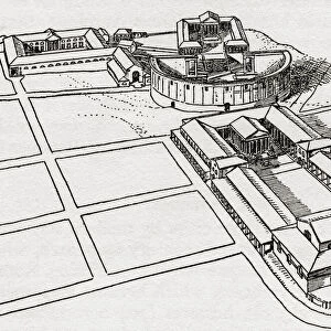 Augusta Raurica Forum, Switzerland with the theatre and Temple of Jupiter behind, from a model by W. Eichenberger. After an illustration by Edgar Holloway