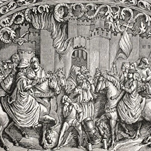 Surrender Of Montefrio Near Granada, Spain In 1486. The Moors Deliver The Keys Of The City To Ferdinand The Catholic And Queen Isabella. After A Bas-Relief In Granada Cathedral. From Military And Religious Life In The Middle Ages By Paul Lacroix Published London Circa 1880