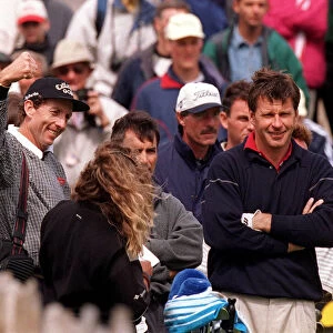 Nick Faldo and David Leadbetter at the British Open July 1997 during practice at Troon