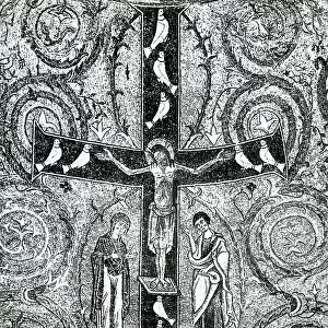 Crucifix with twelve doves (the Apostles) between the Virgin ans St. John. Detail of the apsidal mosaic with the Triumph of the Cross in the Basilica of S. Clemente, Rome