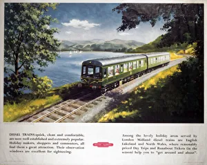 Diesel Train near Bassenthwaite Lake, BR (LMR) poster, c 1950s Diesel Train near Bassenthwaite Lake, BR (LMR) poster, c 1950s