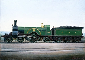 Painted photograph by F Moore showing a 4-2-2 steam locomotive of the Great Northern Railway (GNR) Painted photograph by F Moore showing a 4-2-2 steam locomotive of the Great Northern Railway (GNR)