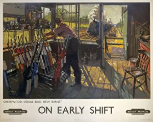 Poster produced for British Railways (BR), showing a railway worker manually operating Poster produced for British Railways (BR), showing a railway worker manually operating